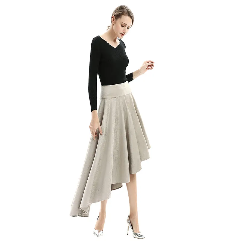 S145 Women faux suede wide waistband full circle high low asymmetric flare skirt