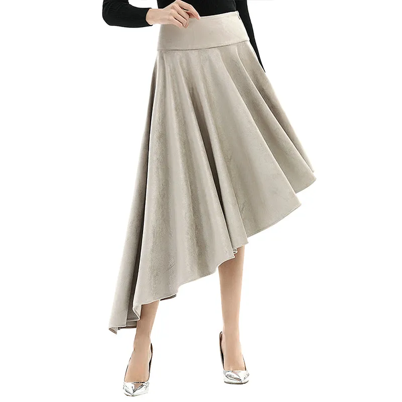 S145 Women faux suede wide waistband full circle high low asymmetric flare skirt