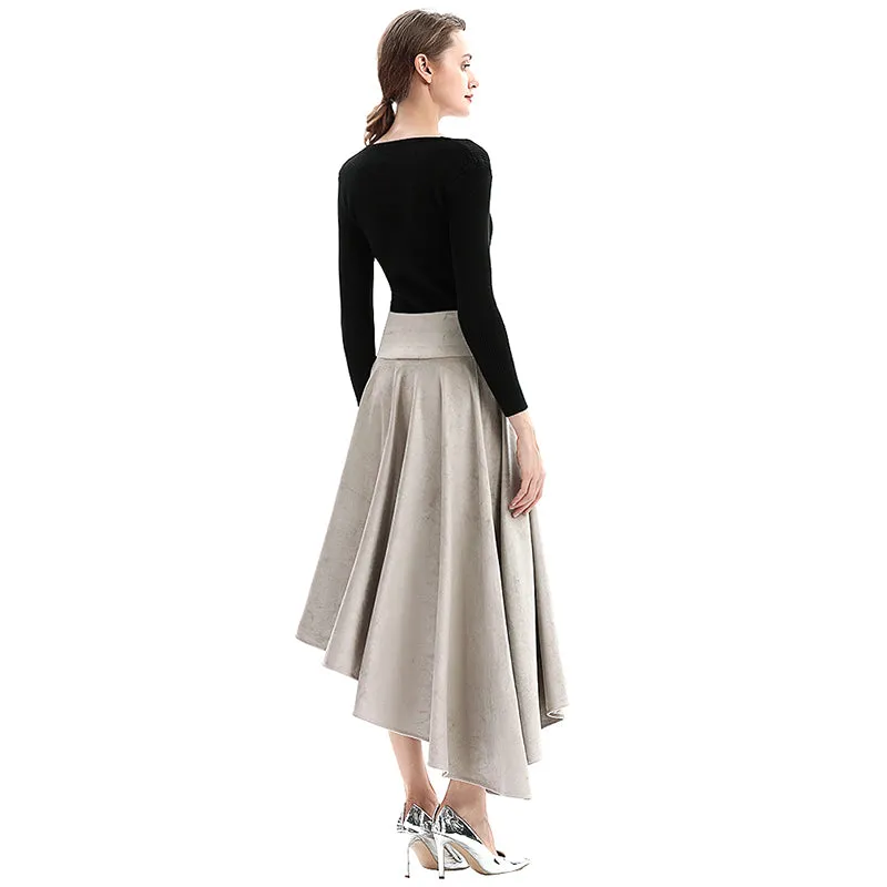 S145 Women faux suede wide waistband full circle high low asymmetric flare skirt