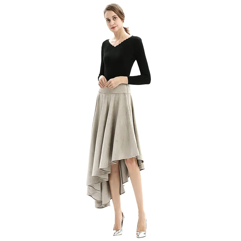 S145 Women faux suede wide waistband full circle high low asymmetric flare skirt