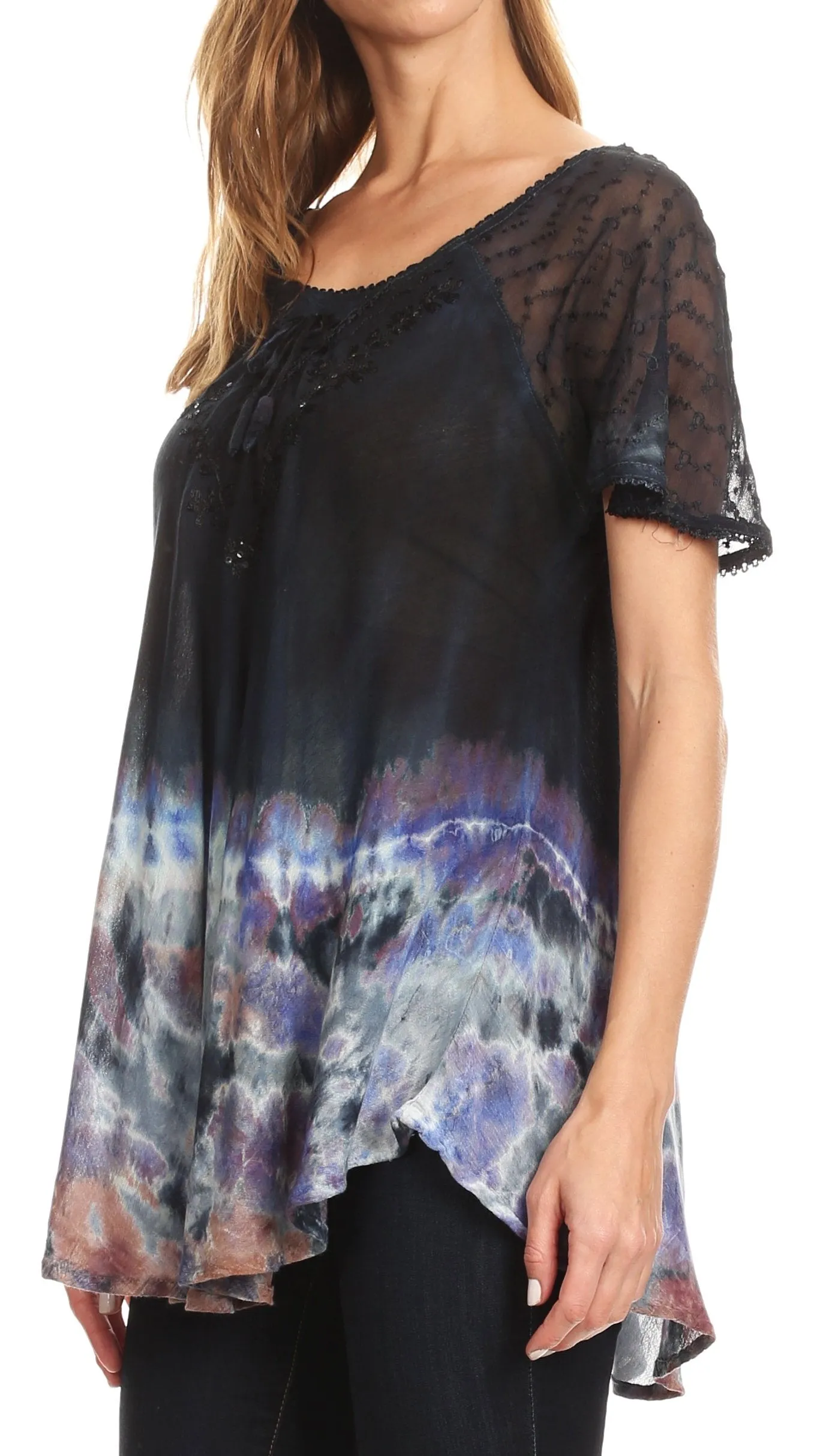 Sakkas Clarice Petite Raglan Lace Up Tie Dye Blouse with Embroidery and Sequins