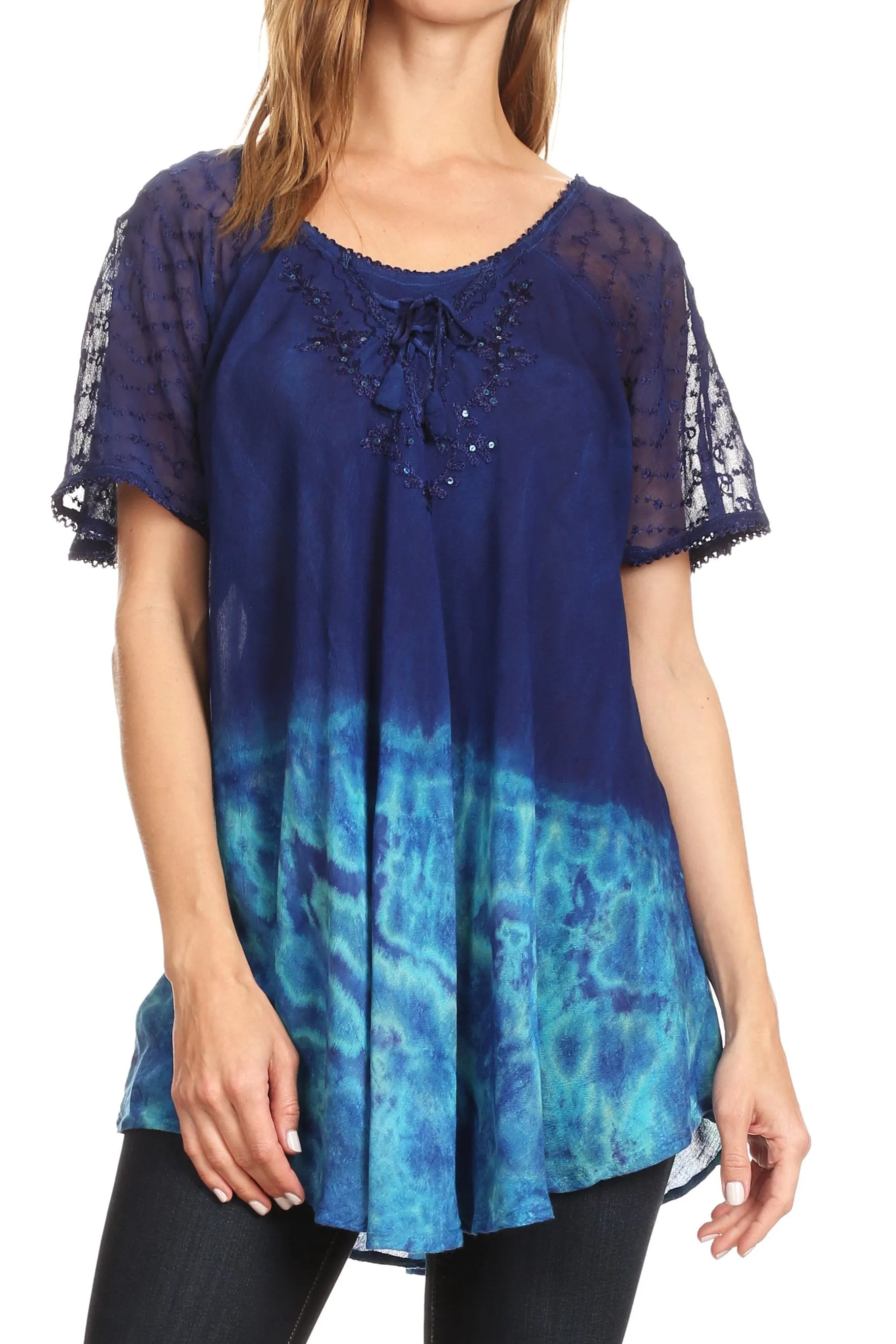 Sakkas Clarice Petite Raglan Lace Up Tie Dye Blouse with Embroidery and Sequins