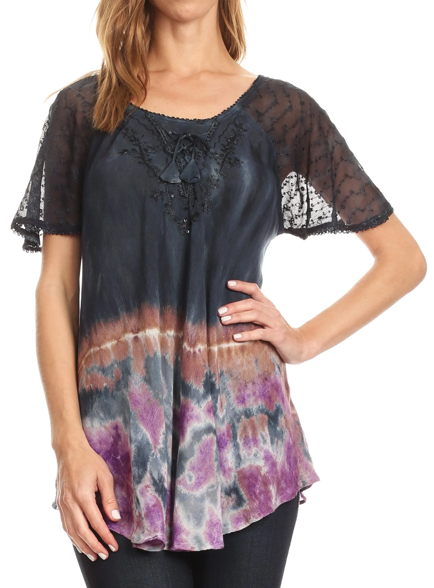 Sakkas Clarice Petite Raglan Lace Up Tie Dye Blouse with Embroidery and Sequins