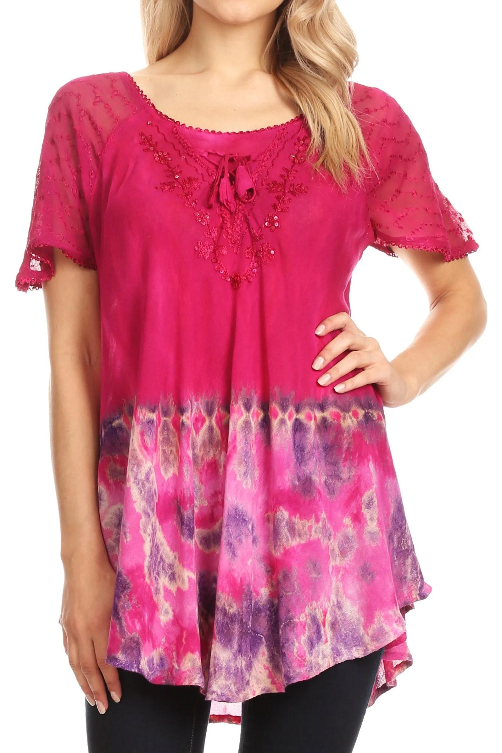 Sakkas Clarice Petite Raglan Lace Up Tie Dye Blouse with Embroidery and Sequins