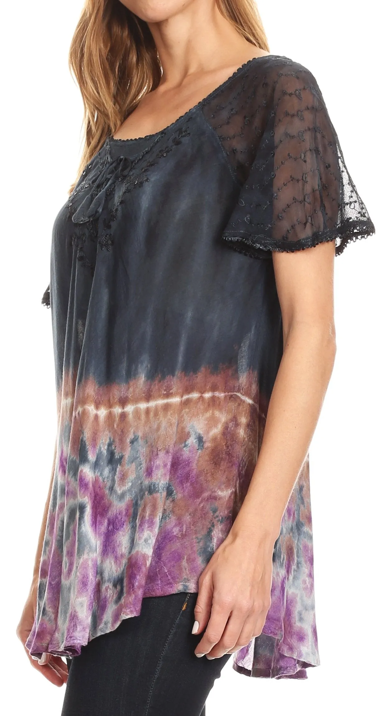 Sakkas Clarice Petite Raglan Lace Up Tie Dye Blouse with Embroidery and Sequins