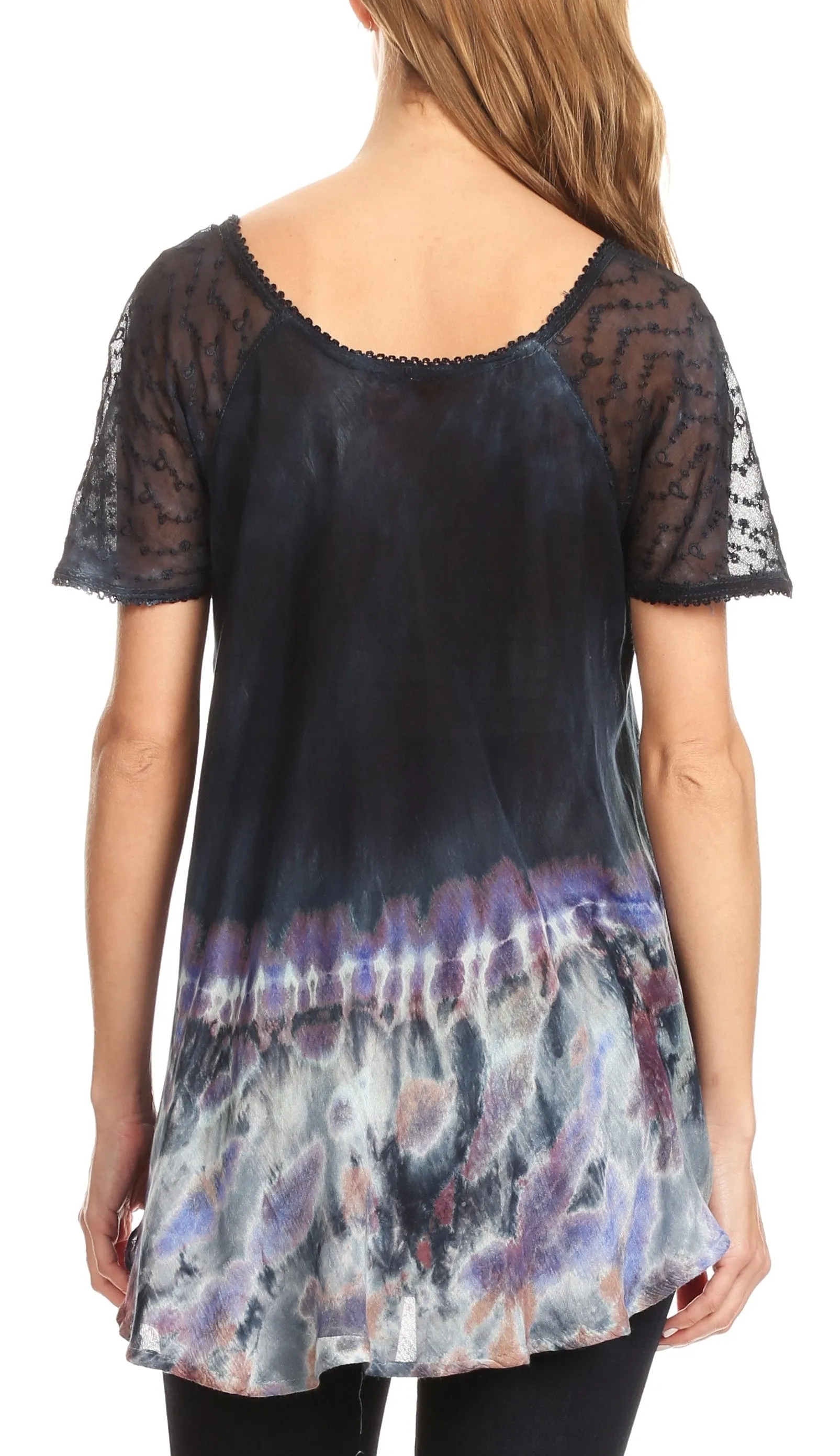 Sakkas Clarice Petite Raglan Lace Up Tie Dye Blouse with Embroidery and Sequins