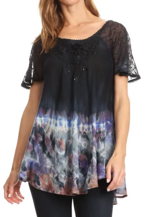 Sakkas Clarice Petite Raglan Lace Up Tie Dye Blouse with Embroidery and Sequins