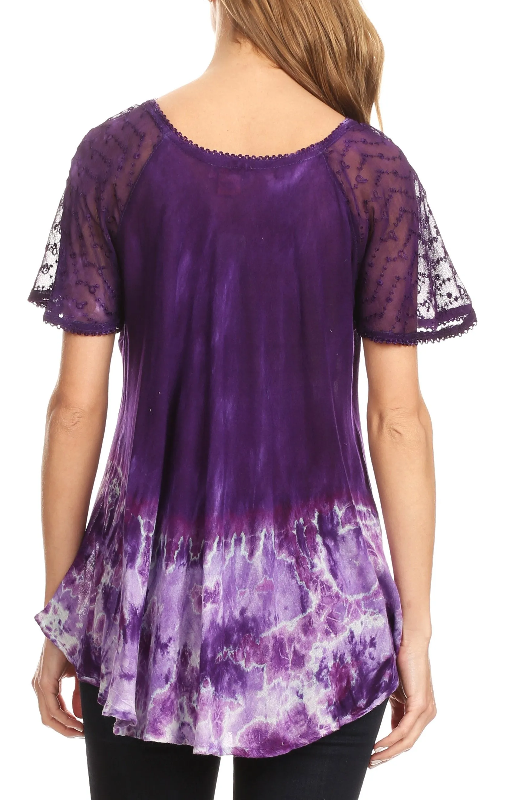 Sakkas Clarice Petite Raglan Lace Up Tie Dye Blouse with Embroidery and Sequins