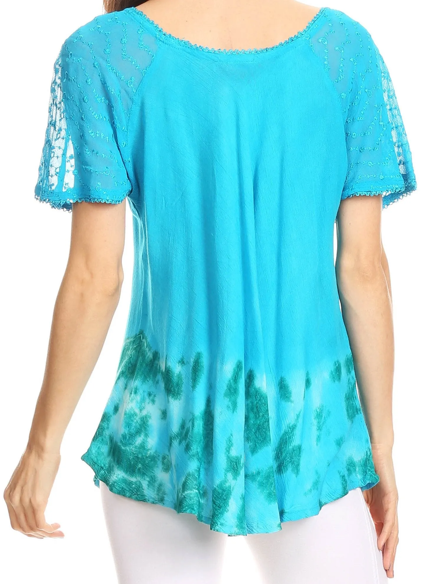 Sakkas Clarice Petite Raglan Lace Up Tie Dye Blouse with Embroidery and Sequins