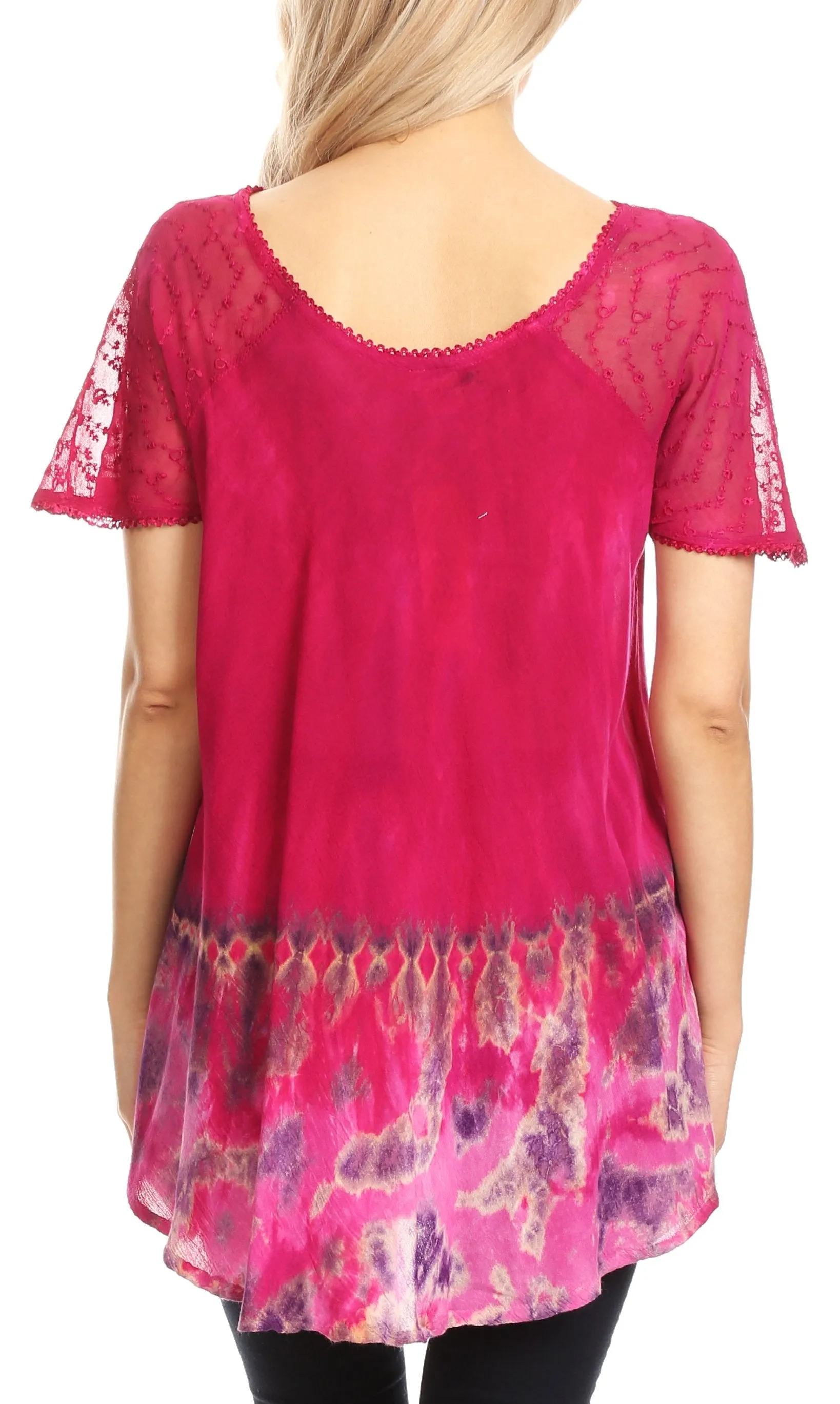 Sakkas Clarice Petite Raglan Lace Up Tie Dye Blouse with Embroidery and Sequins