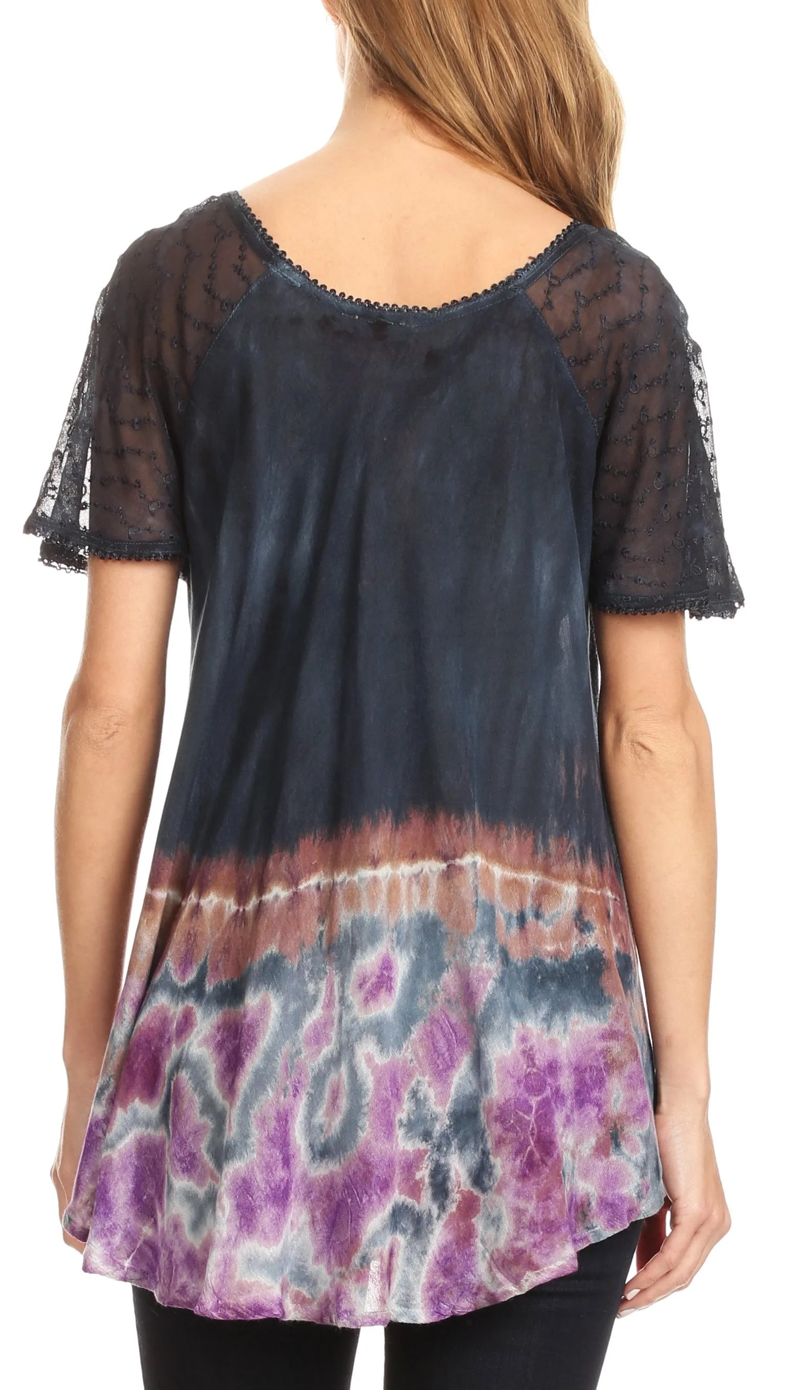 Sakkas Clarice Petite Raglan Lace Up Tie Dye Blouse with Embroidery and Sequins