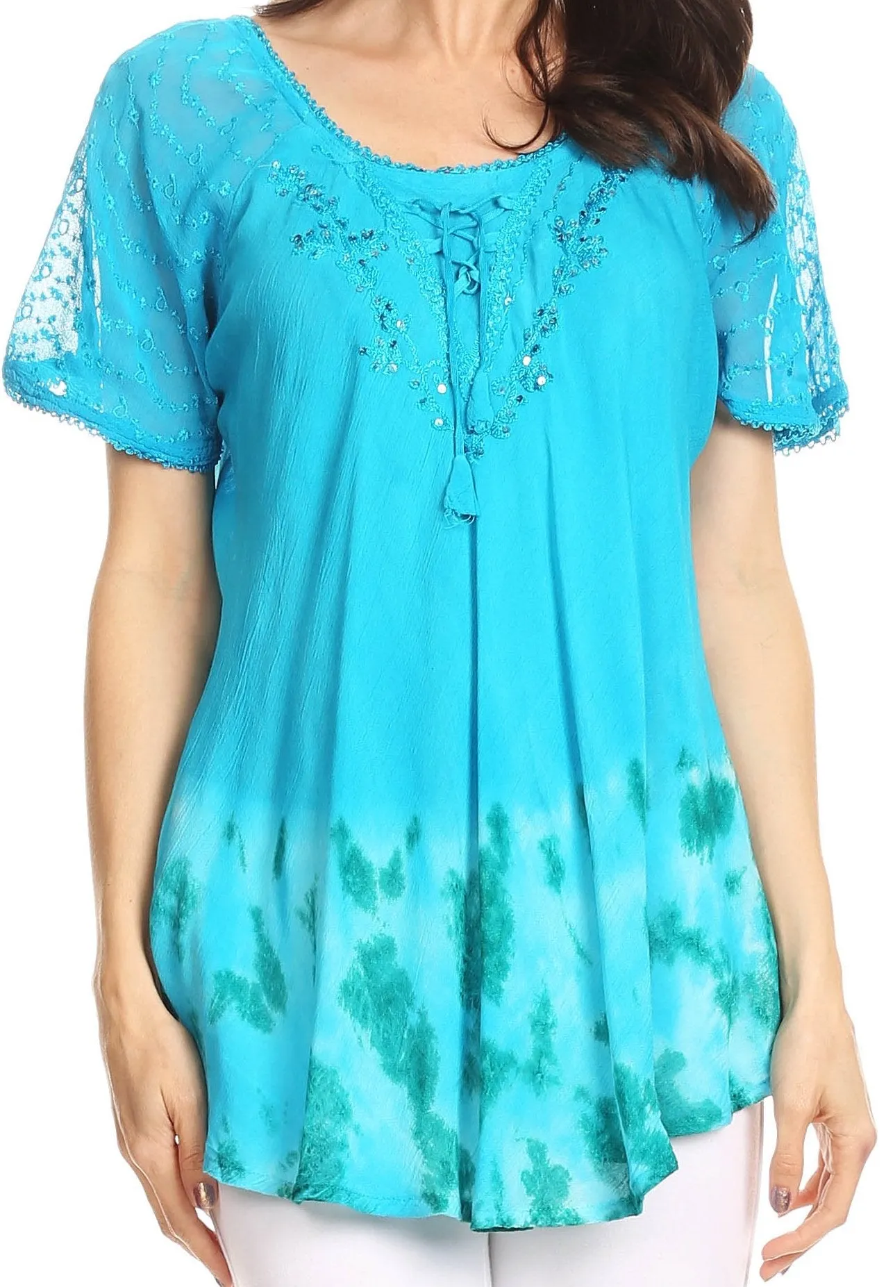 Sakkas Clarice Petite Raglan Lace Up Tie Dye Blouse with Embroidery and Sequins