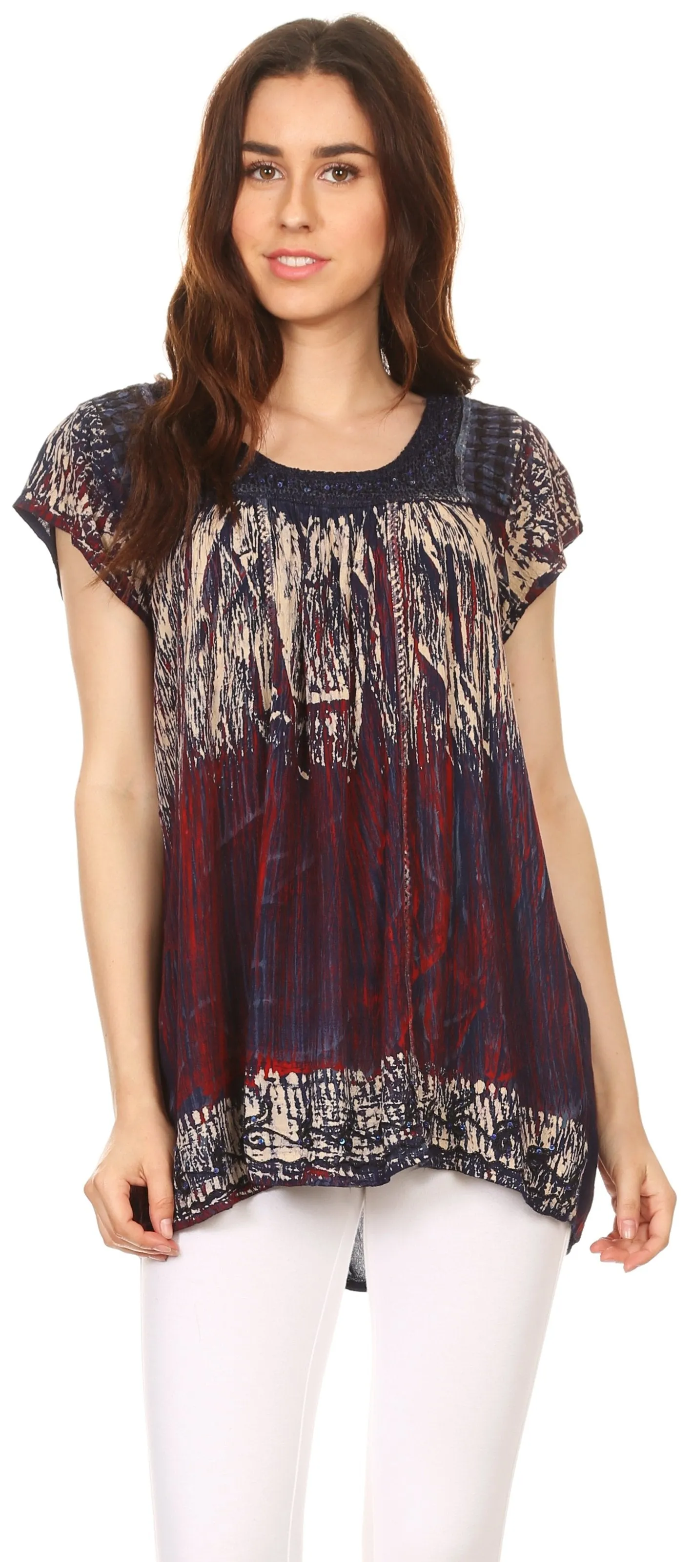 Sakkas Maritza Short Sleeve Batik Top with Crochet Embroidery and Sequins