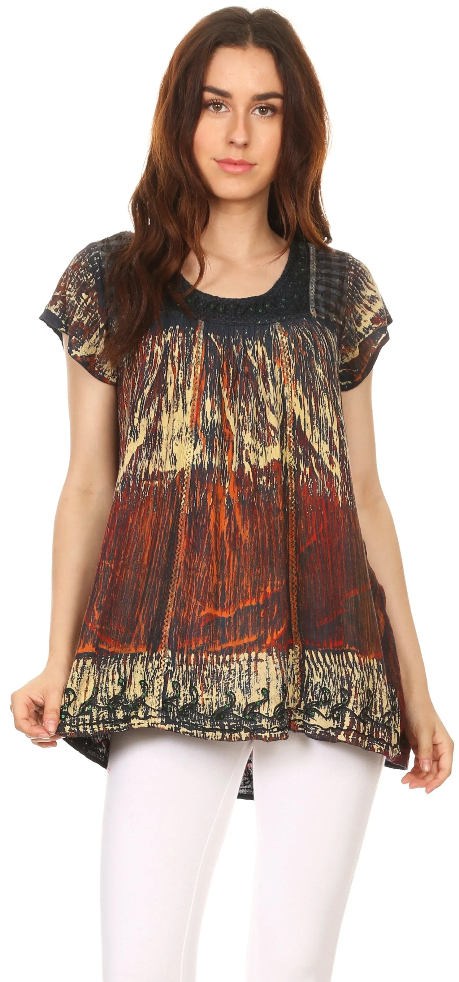 Sakkas Maritza Short Sleeve Batik Top with Crochet Embroidery and Sequins