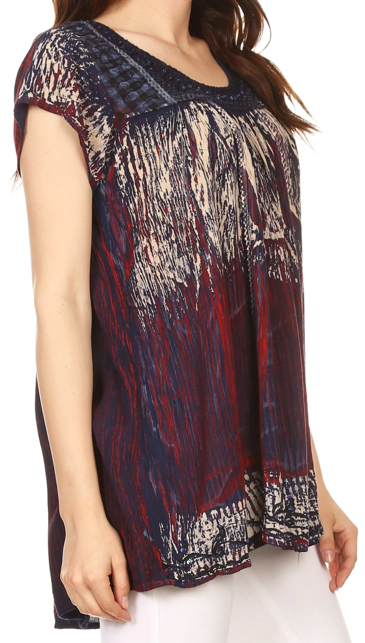 Sakkas Maritza Short Sleeve Batik Top with Crochet Embroidery and Sequins