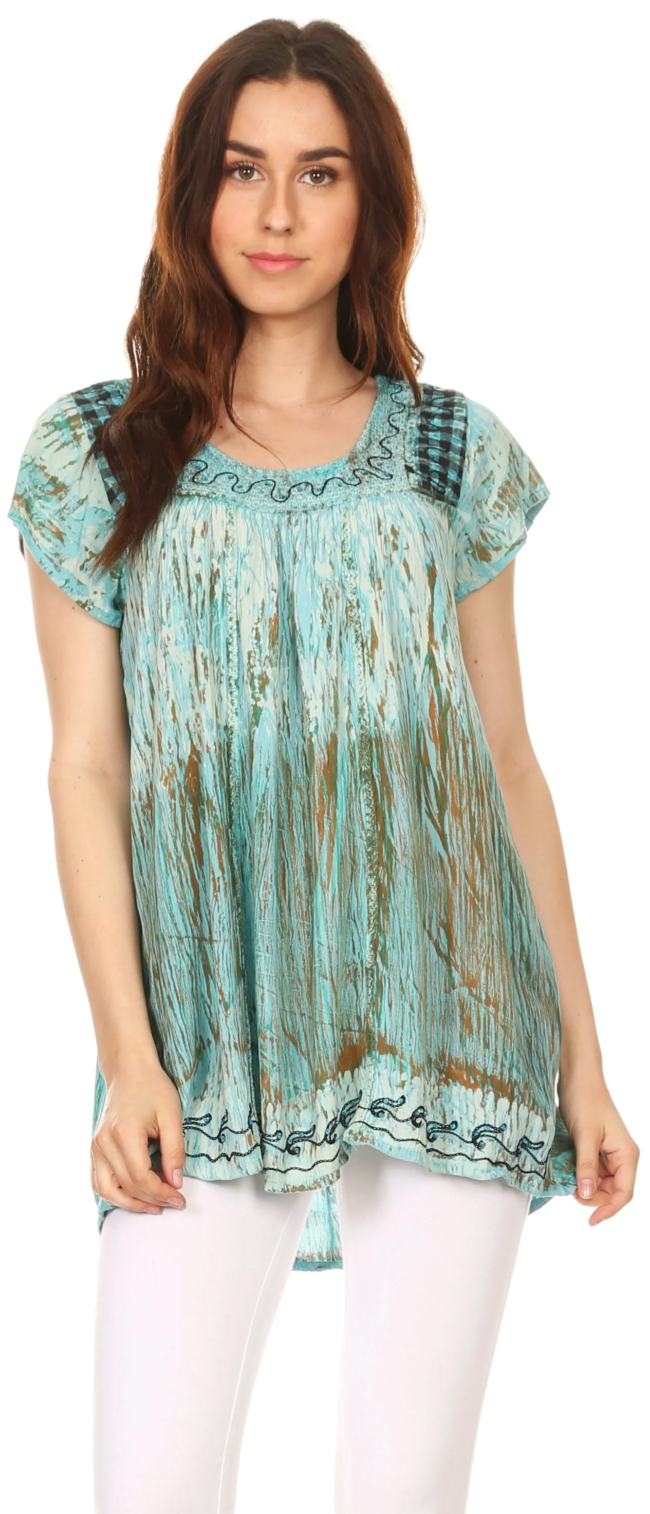 Sakkas Maritza Short Sleeve Batik Top with Crochet Embroidery and Sequins