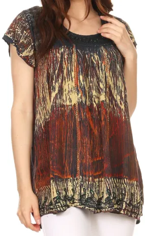 Sakkas Maritza Short Sleeve Batik Top with Crochet Embroidery and Sequins