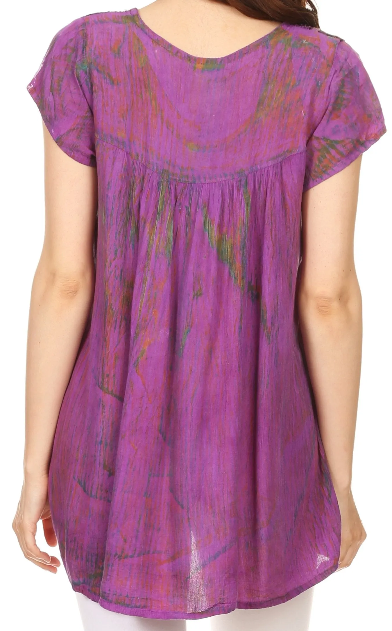 Sakkas Maritza Short Sleeve Batik Top with Crochet Embroidery and Sequins