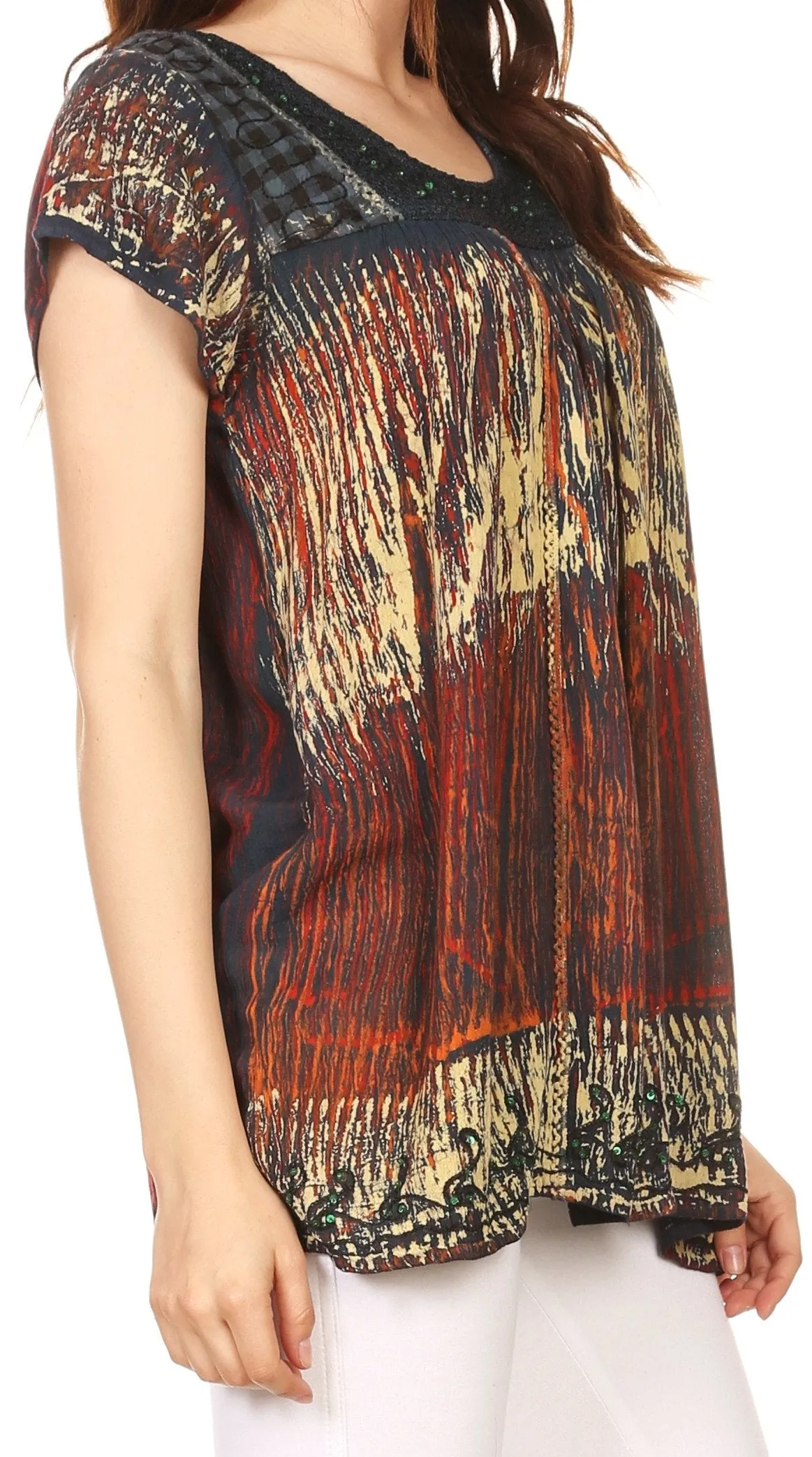 Sakkas Maritza Short Sleeve Batik Top with Crochet Embroidery and Sequins