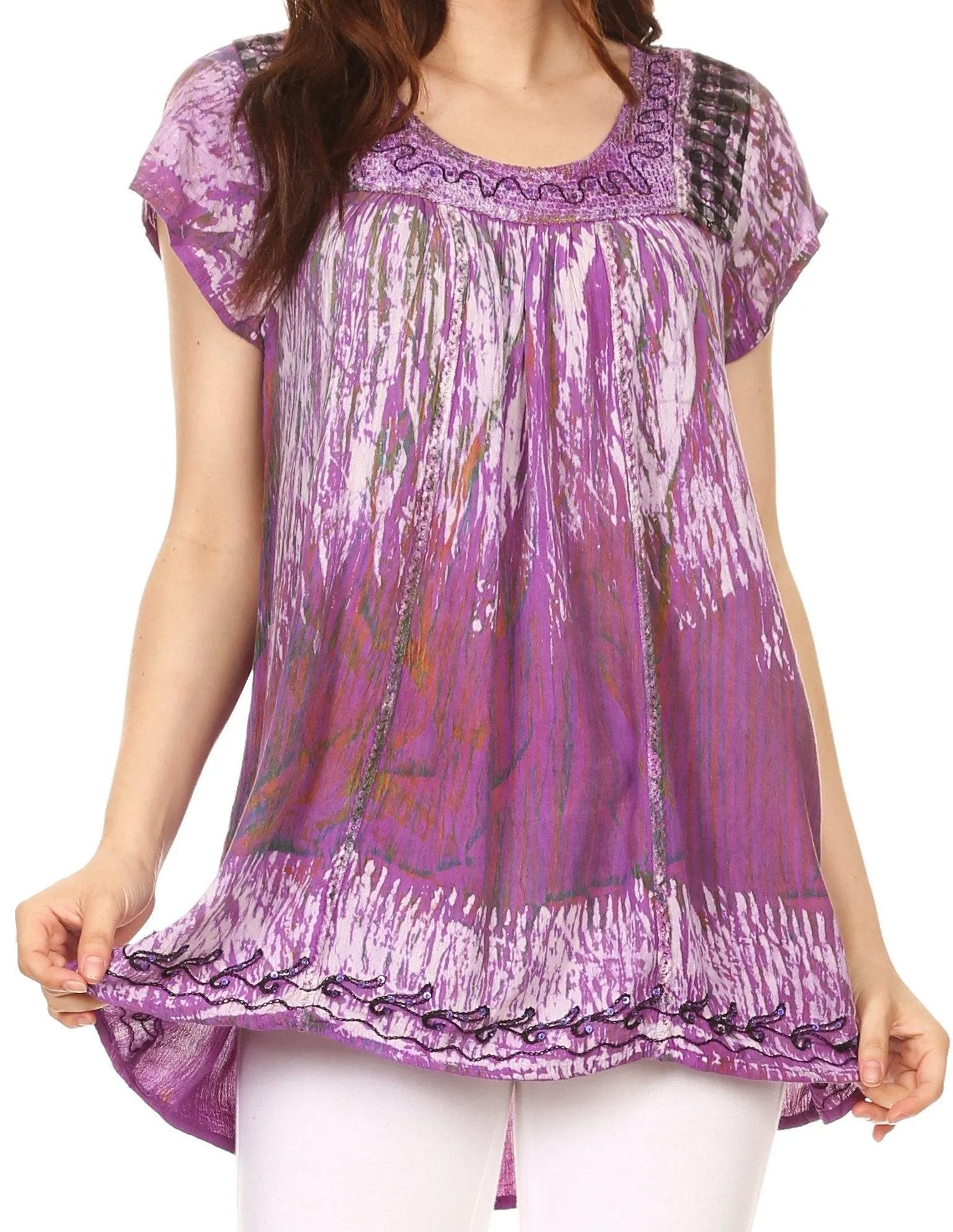 Sakkas Maritza Short Sleeve Batik Top with Crochet Embroidery and Sequins