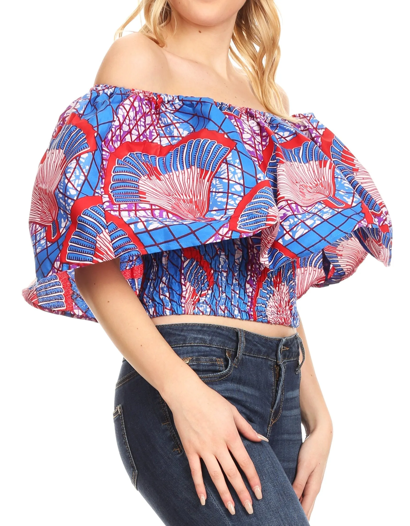 Sakkas Zola Women's Off Shoulder Pullover Blouse Top in African Ankara Wax Print