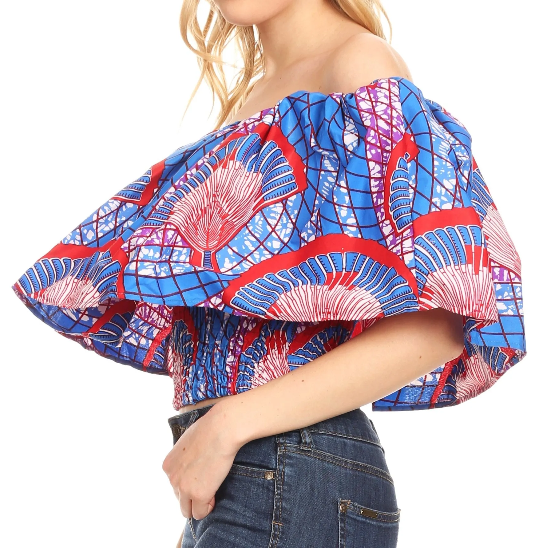 Sakkas Zola Women's Off Shoulder Pullover Blouse Top in African Ankara Wax Print