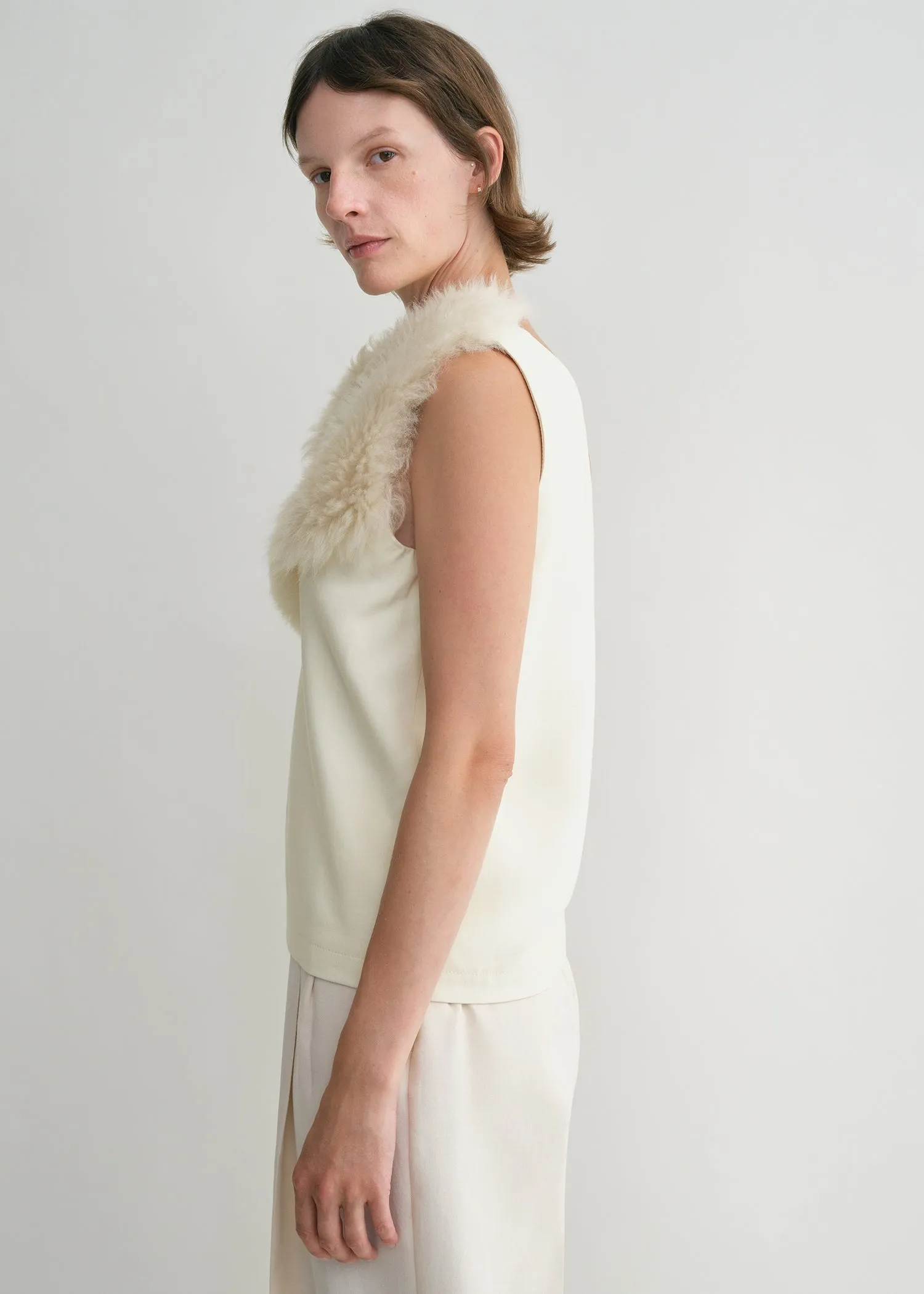 Shearling appliqué top macadamia