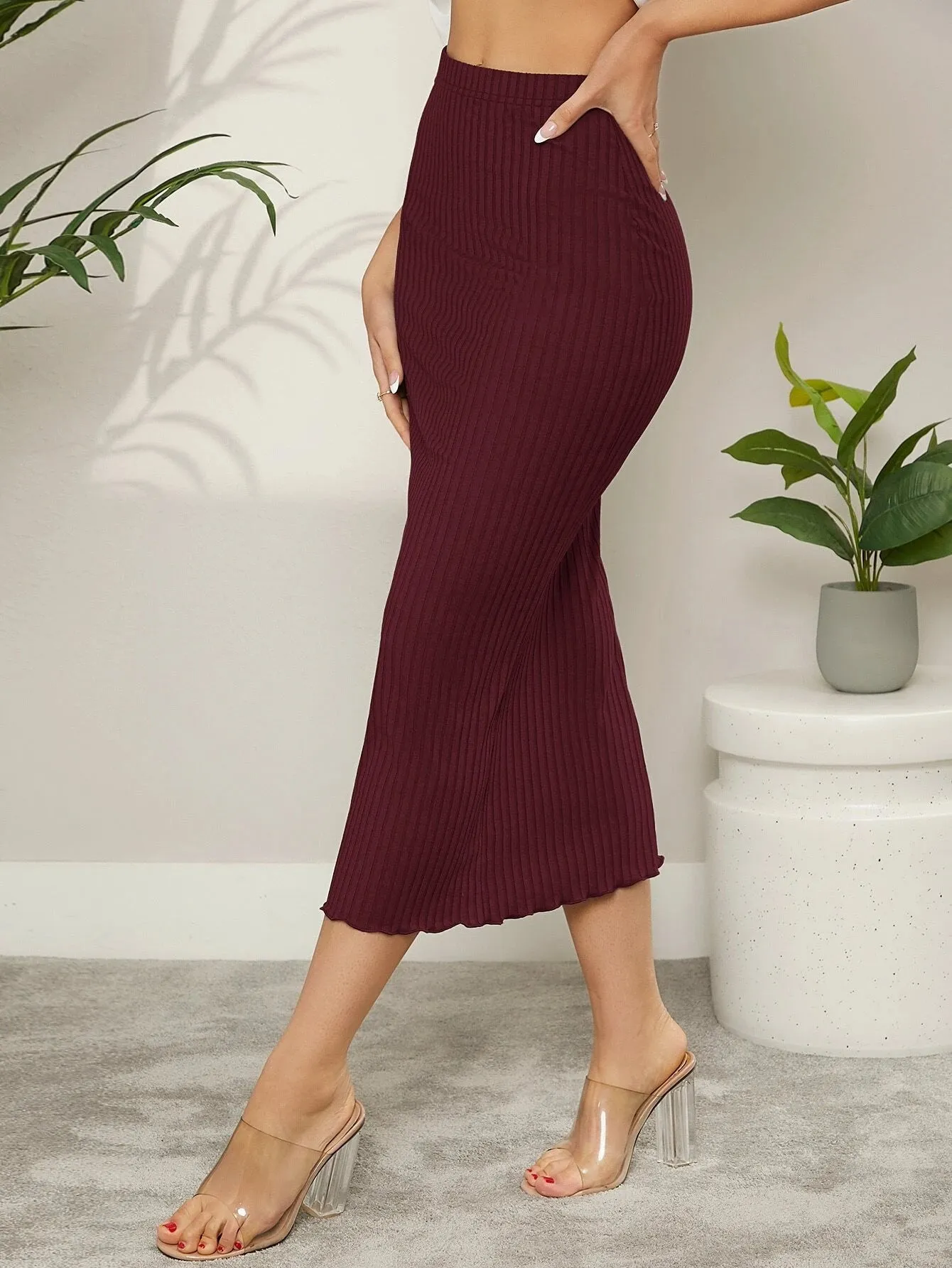 SHEIN Mulvari Ribbed Knit Lettuce Trim Bodycon Skirt