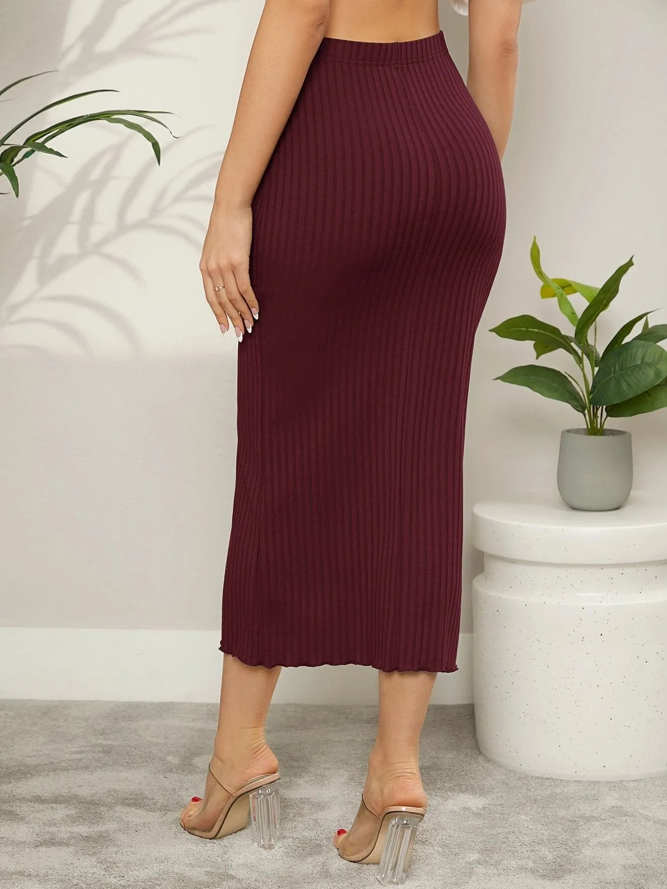 SHEIN Mulvari Ribbed Knit Lettuce Trim Bodycon Skirt