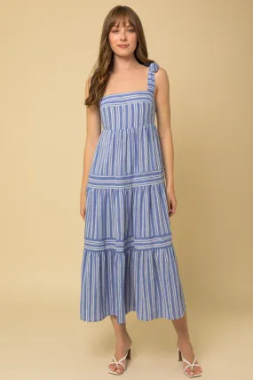 Shoulder Tie Striped Midi Dress