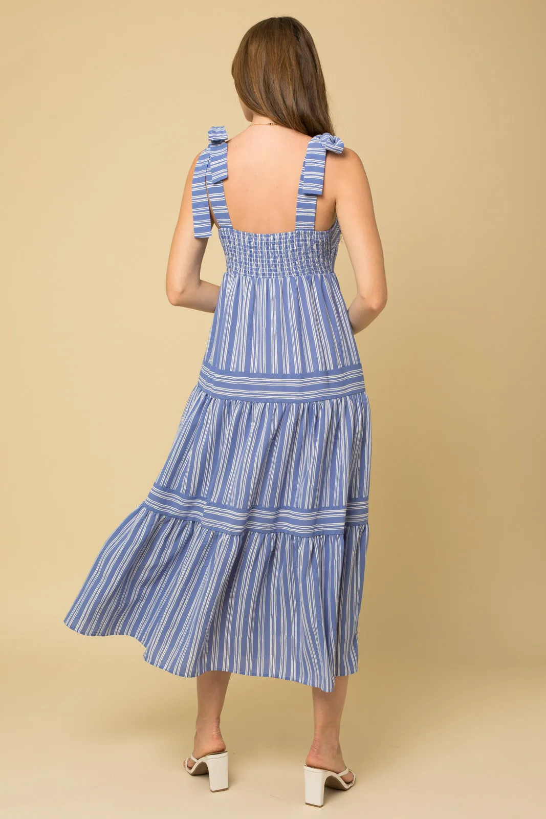 Shoulder Tie Striped Midi Dress