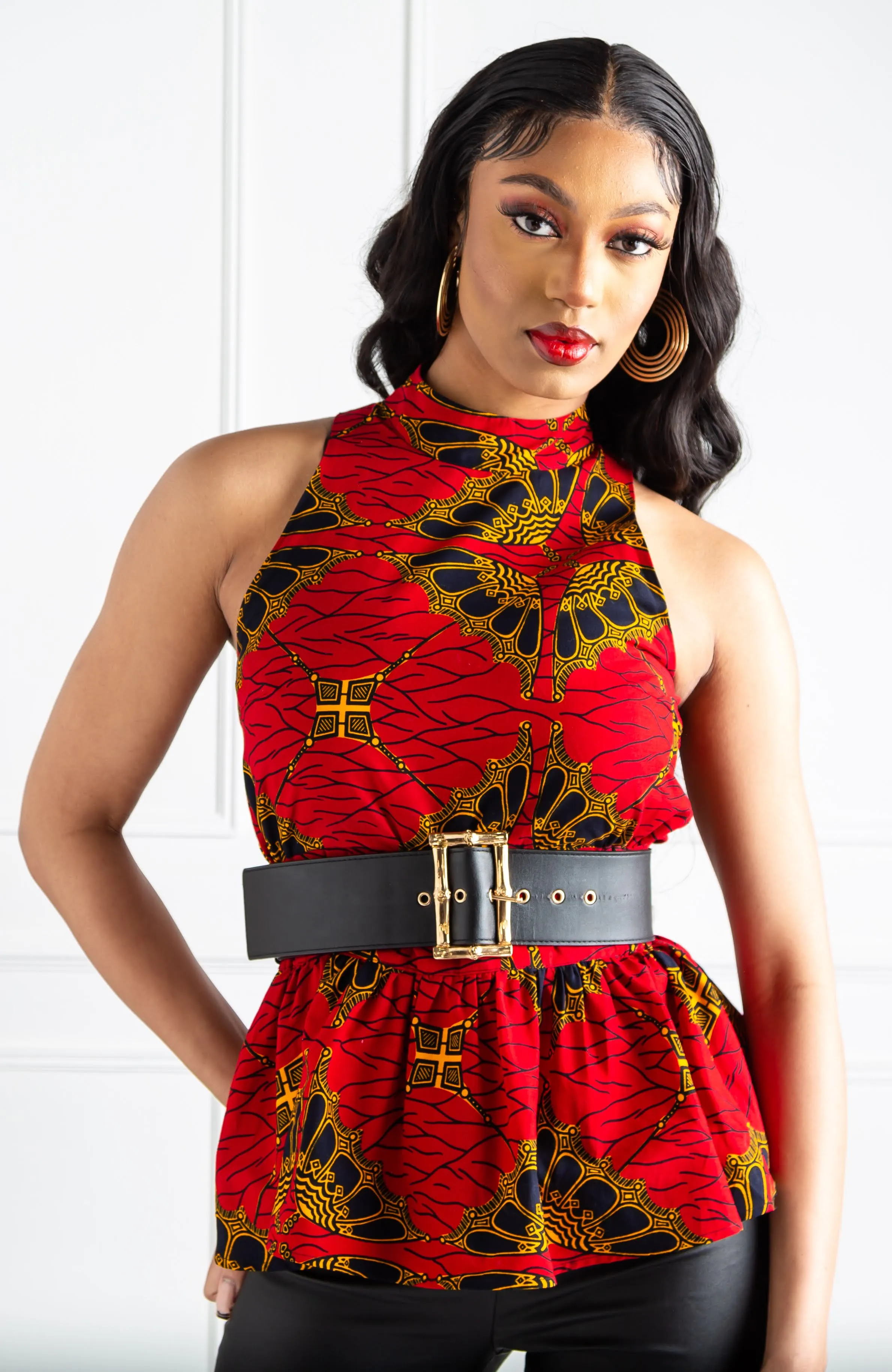 Sleeveless Turtleneck Peplum African Print Blouse - CORDELIA