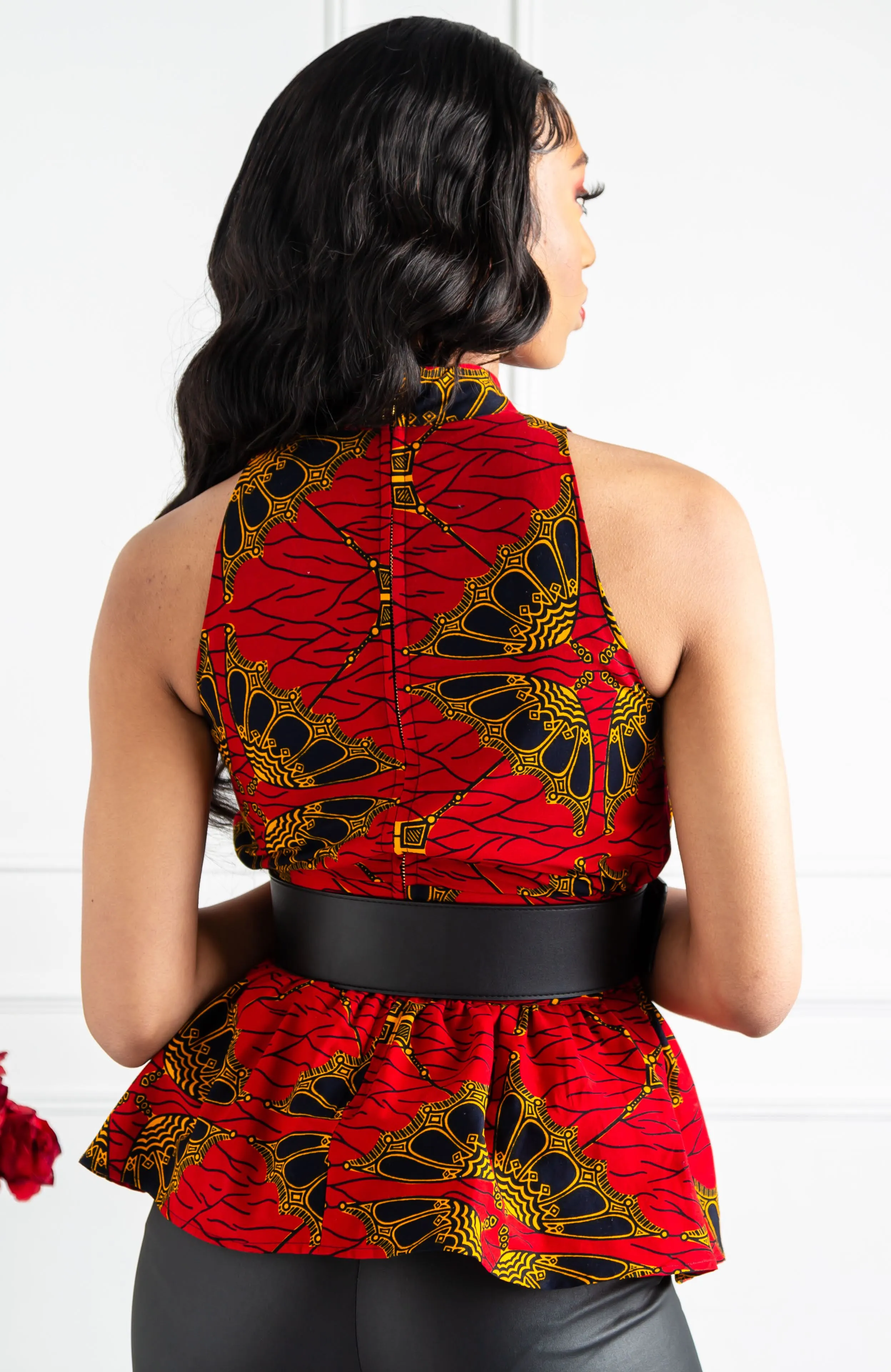 Sleeveless Turtleneck Peplum African Print Blouse - CORDELIA