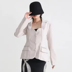 Slim Backless Blazers For Women Notched Collar Long Sleeve Patchwork Diamonds Blazer Female Fashion Clothing