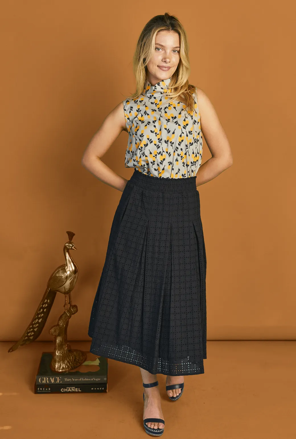 Smocked Waist MIDI Skirt - Black Eyelet