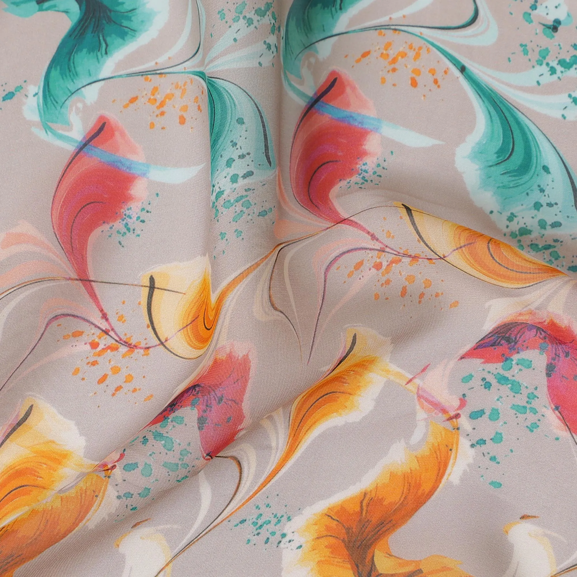 Soft Cream Synthetic Chiffon Fabric with Vibrant Peacock Feather Print, 140 cm Wide-D19125