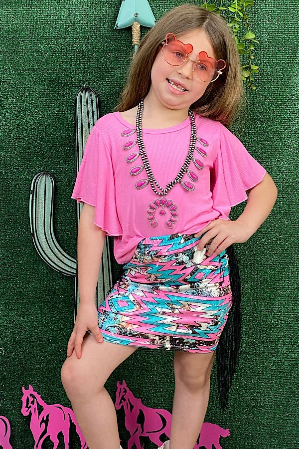 Soft Pink blouse w/multi color Aztec  fringe skirt girl set DLH2348