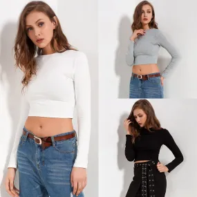 Soild Long Sleeve Crop Top Shirt