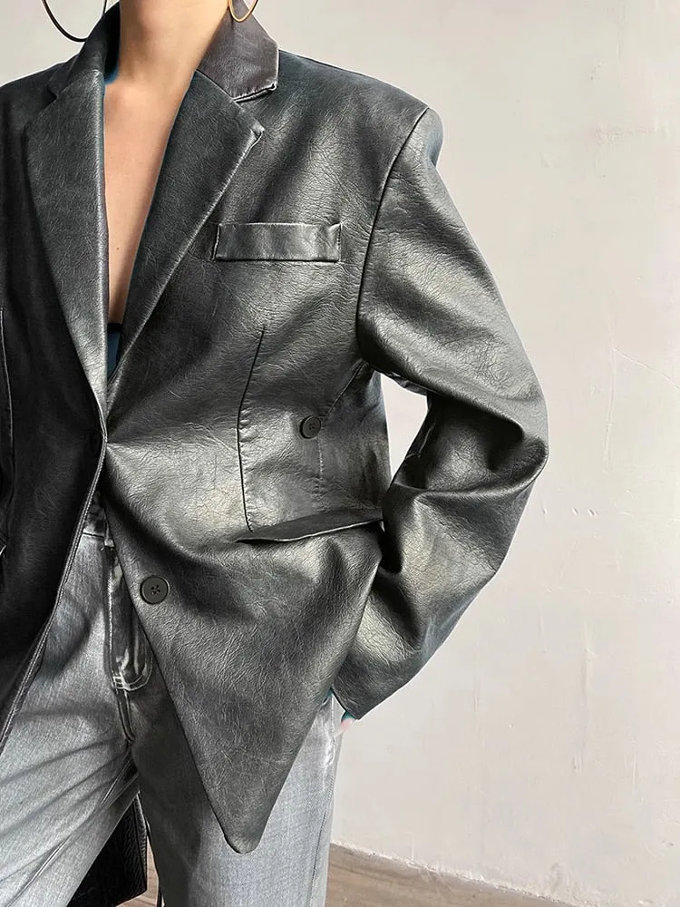 Solid Casual Patchwork Button Leather Jackets For Women Notched Collar Long Sleeve Spliced Pocket Coat Female