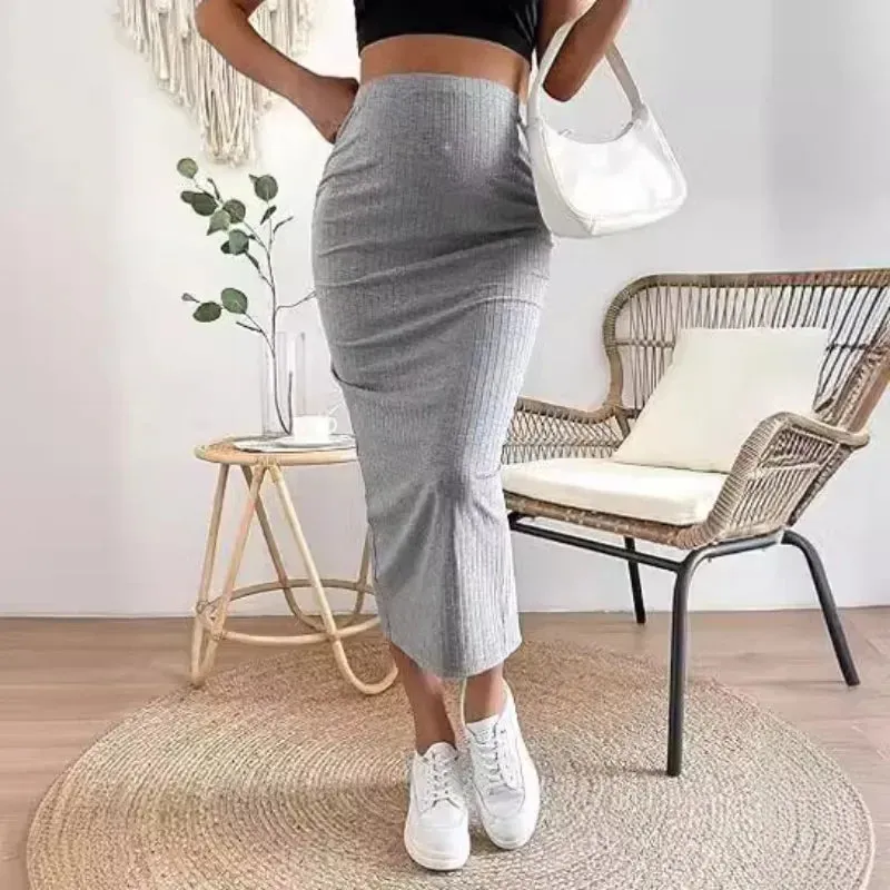 Solid Color Rib Knit Maternity Skirt 2024 Spring Maternity Skirt High Waist Pencil Skirt Maternity Clothes