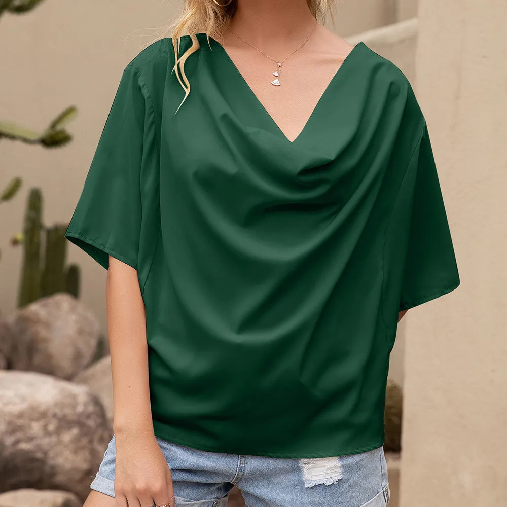 Solid V-Neck Short Sleeve Loose Top