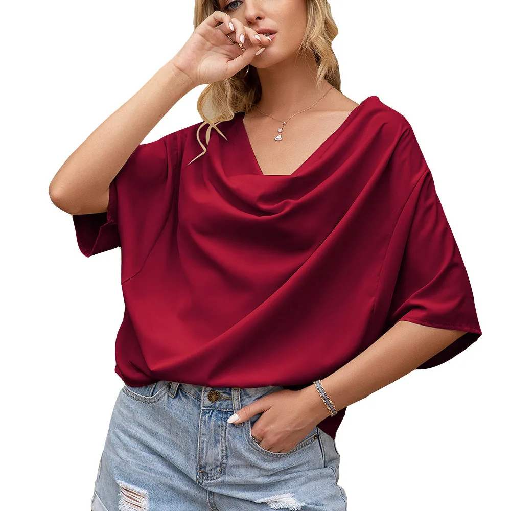 Solid V-Neck Short Sleeve Loose Top