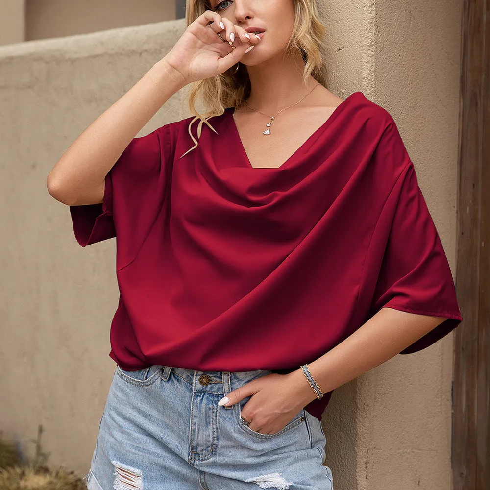 Solid V-Neck Short Sleeve Loose Top