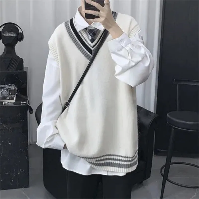 Spring Summer Autumn Solid Patchwork Irregular Stripes Casual Pullover Tess Vest Men Loose Knitted Top Sweater Gentle Students