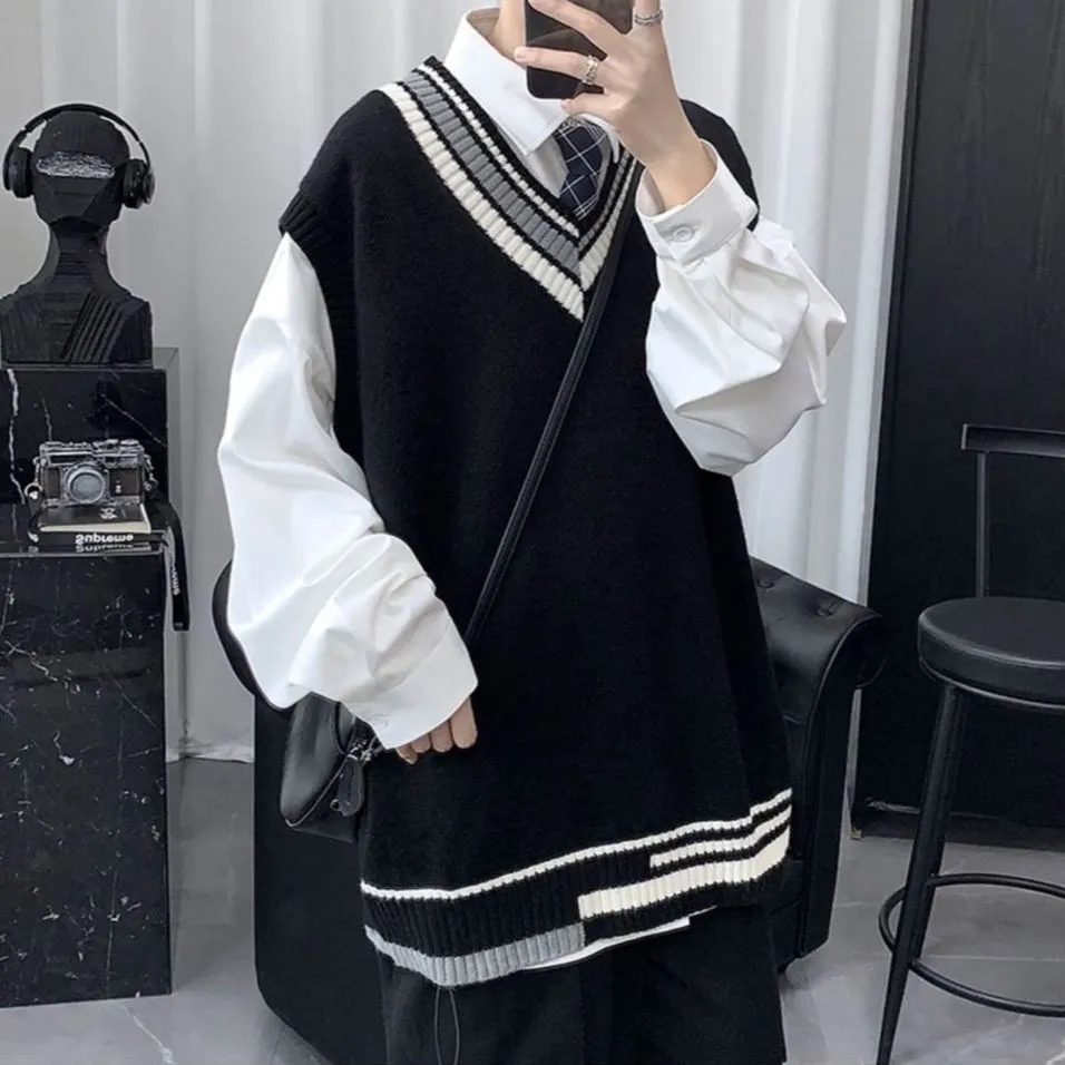 Spring Summer Autumn Solid Patchwork Irregular Stripes Casual Pullover Tess Vest Men Loose Knitted Top Sweater Gentle Students