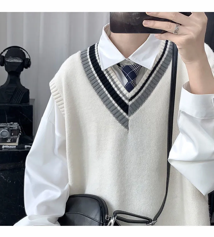 Spring Summer Autumn Solid Patchwork Irregular Stripes Casual Pullover Tess Vest Men Loose Knitted Top Sweater Gentle Students