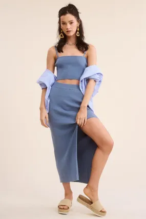 Steel Blue Solid Ribbed-Knit Tank And Midi Slit Skirt