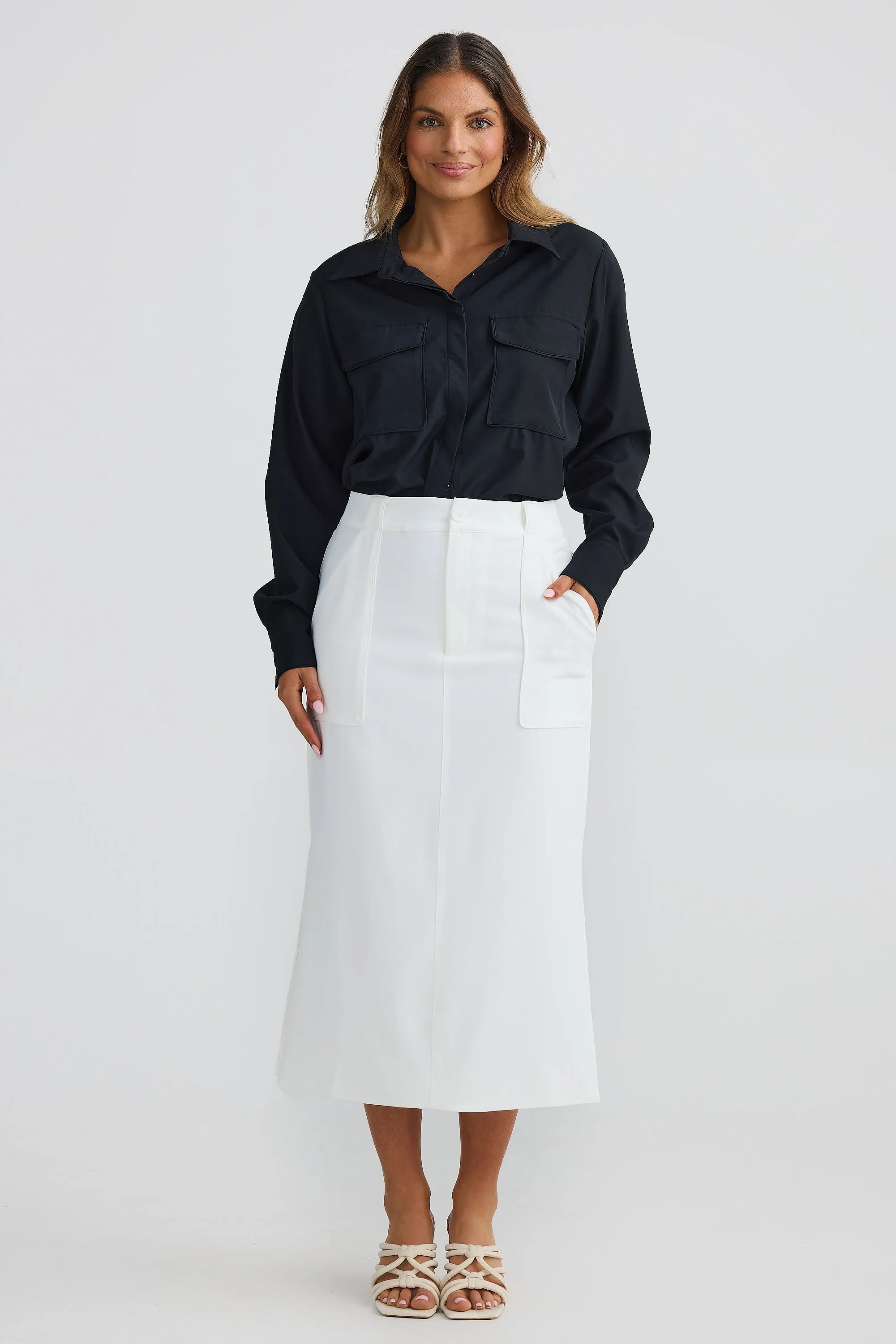 Straight Pocket Midi Skirt - White