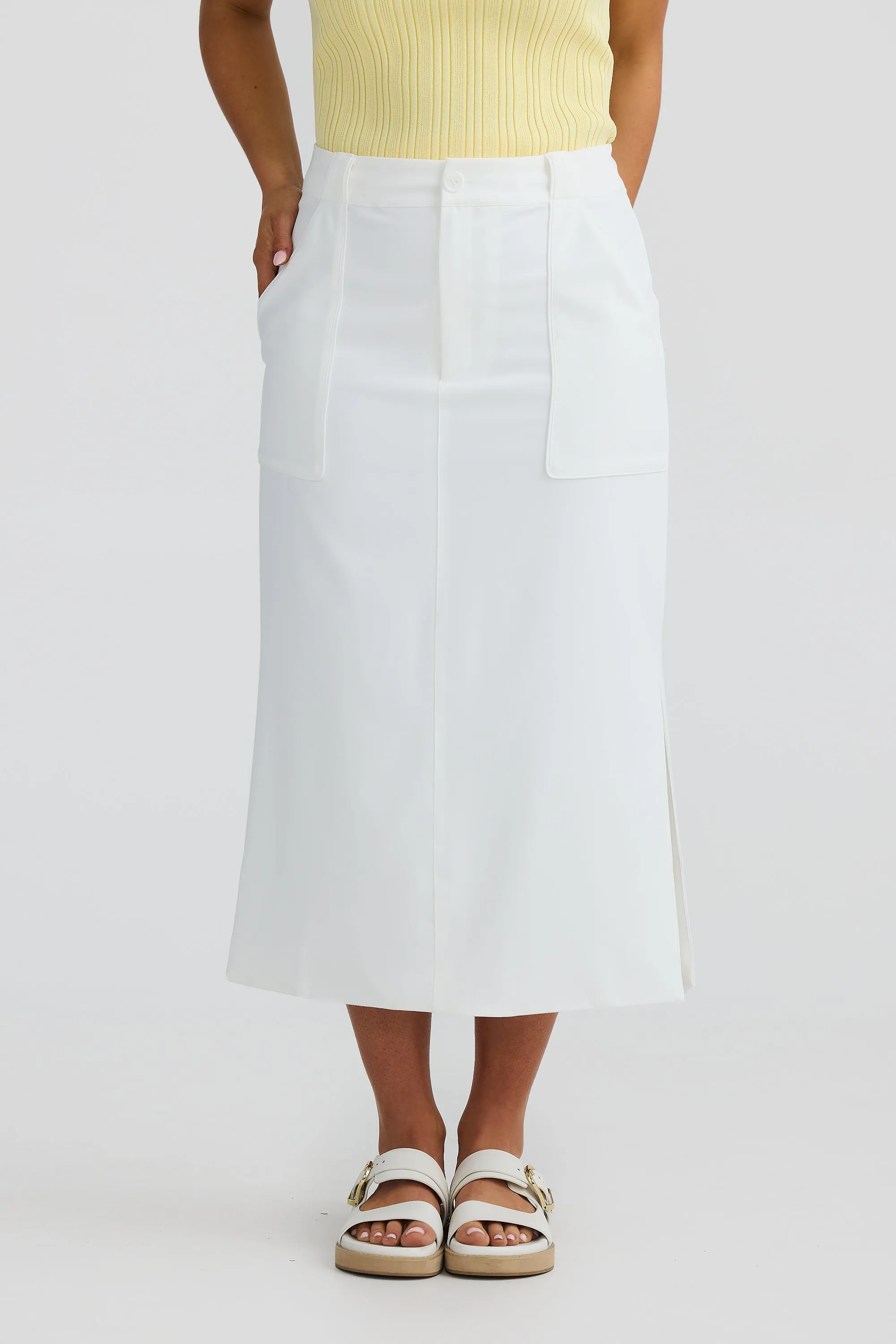 Straight Pocket Midi Skirt - White