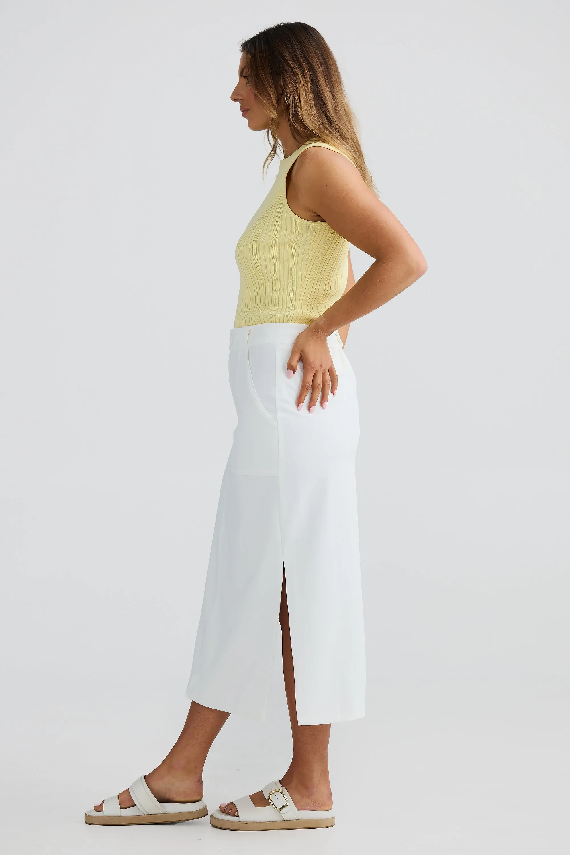 Straight Pocket Midi Skirt - White